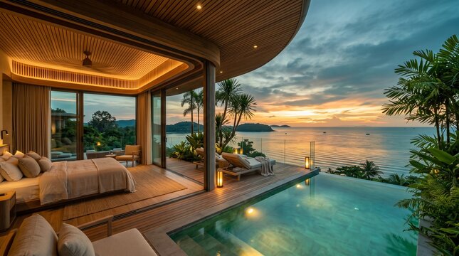 Luxury modern infinity pool at sunset with ocean view and outdoor living room