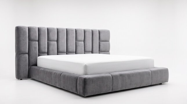 Modern minimalist gray upholstered bed with stacked pillows in neutral bedroom interior design