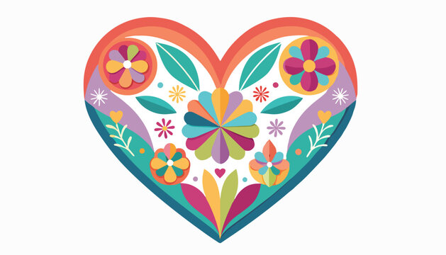 Colorful floral heart shaped design with butterflies and flowers.