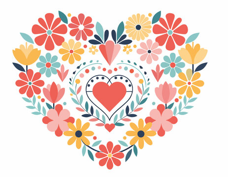 Colorful floral heart pattern with daisies and wildflowers.