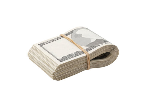 Stack of one hundred dollar bills folded and secured with a rubber band isolated on transparent background