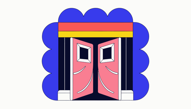 Open Pink Double Doors with Blue Curtains and Yellow Valance - Abstract Graphic Illustration