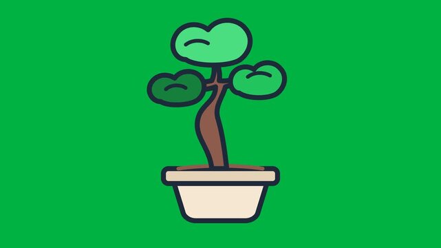 Flat vector illustration of a cute potted bonsai tree icon on green background