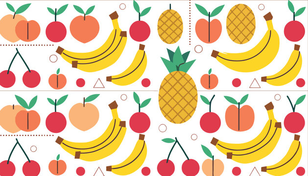 Colorful floral pattern with golden pineapples and red berries.