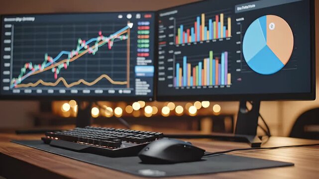 Dual Computer Monitors Displaying Stock Market Data, Financial Charts, and Graphs