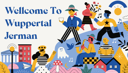 Naklejka premium Welcome to Wuppertal, Germany - Colorful illustration of people enjoying city life
