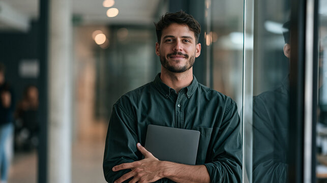 Professional Man Holding Laptop in Modern Office, Confident Corporate Employee Portrait