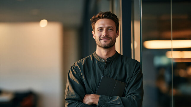 Confident Smiling Young Male Entrepreneur Standing with Crossed Arms Holding Digital Tablet in Modern Office