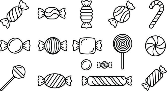Candy line icon set vector sweet sugar lollipop caramel confection wrapped dessert treat outline celebration collection elements