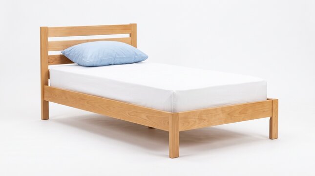 Minimalist wooden single bed with blue pillow in bright empty room for modern home staging