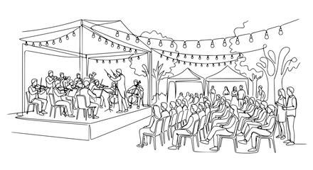 Fototapeta premium Outdoor Orchestra Concert Performance with Audience and String Lights