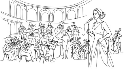 Obraz premium Live Orchestra Performance with Solo Singer on Stage, Line Art