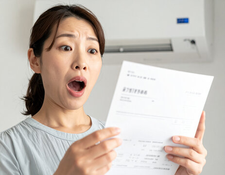 surprised young female holding paper bill with open mouth feeling stressed about expensive cost of living