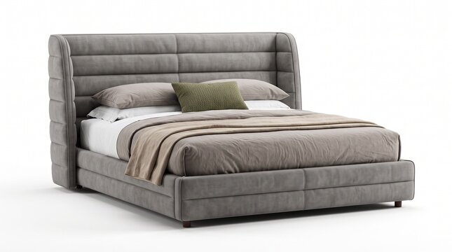 Modern gray upholstered bed with tufted headboard and neutral linen pillows in minimalist bedroom