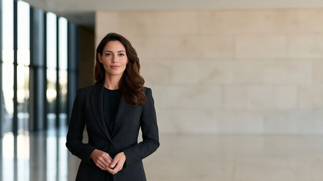 Confident Brunette Businesswoman in Black Tailored Suit Standing in Modern Office Lobby