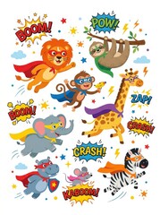 Naklejka premium Cute Cartoon Superhero Animals Collection with Comic Book Action Words and Sound Effects for Kids Design