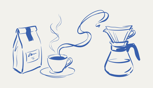Blue ink sketch of coffee bean bag steaming cup and pour over carafe