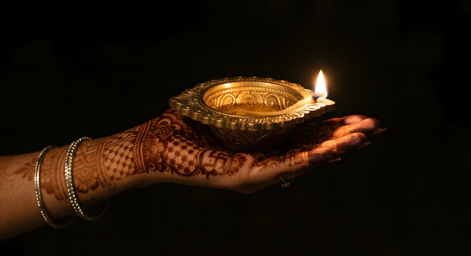 Hand with henna holding a traditional lit diya lamp for diwali festival