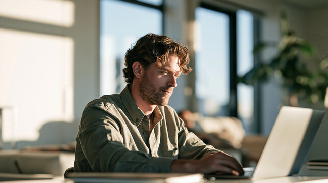 Focused Young Man Working on Laptop at Home Desk in Bright Sunlit Living Room