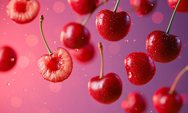 fresh cherries halves and whole cherries floating in mid-air