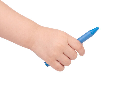 Closeup of a childs hand holding a blue crayon isolated on transparent background