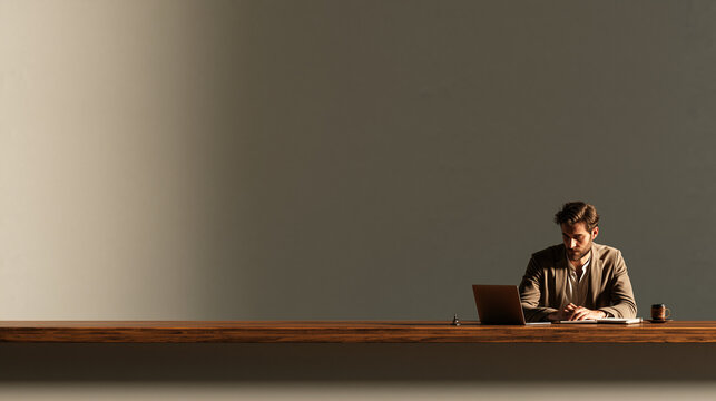 Minimalist Wide Shot of Focused Businessman in Beige Blazer Working on Laptop