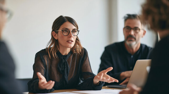 Brunette Businesswoman with Glasses Expressively Presenting and Gesturing During Team Meeting in Boardroom