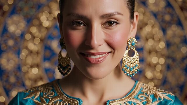 Elegant Woman Wearing Traditional Turquoise and Gold Embroidered Outfit and Ornate Earrings