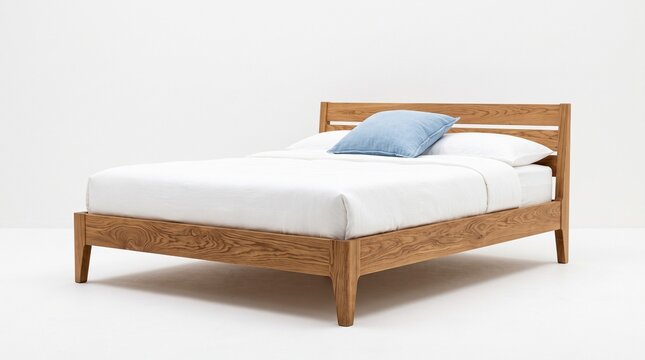 Minimalist wooden platform bed with crisp white linens and soft blue pillow in bright room