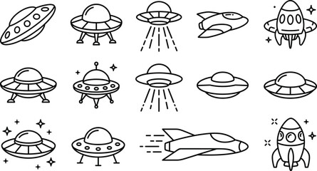 UFO and alien spaceship line icons vector set featuring flying saucers rocket ships beam lights sci-fi space symbols © MD