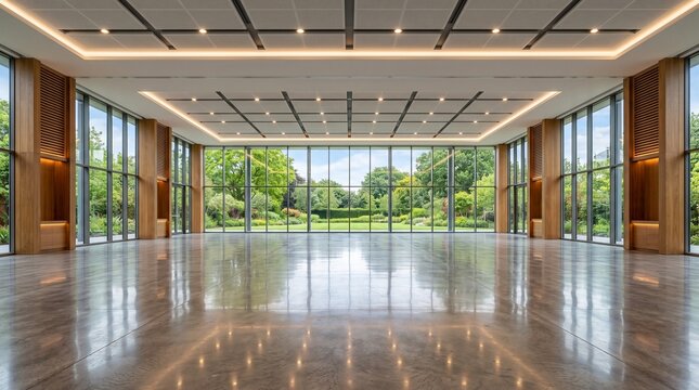 Modern luxury hotel lobby with polished wooden floors and panoramic garden views for corporate events
