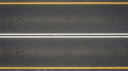 Fototapeta premium Top Down View of Asphalt Road with Double White Line and Yellow Edge Markings for Transportation Background