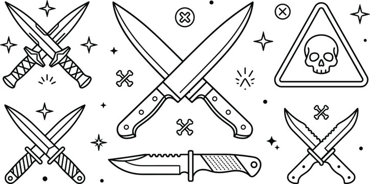 Crossed Dagger Knife and Danger Skull Warning Icon Set in Doodle Line Style