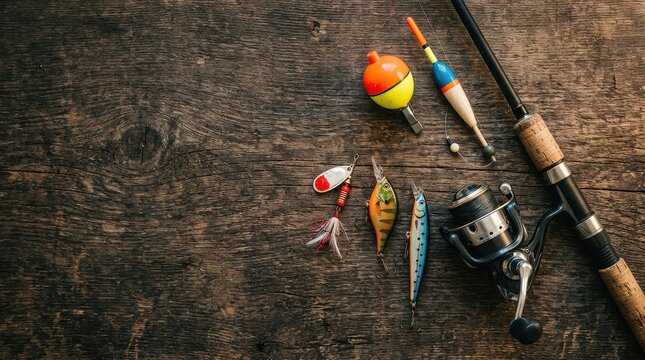 Fishing Tackle and Equipment on a Rustic Dark Wooden Background with Spinning Rod, Reel, Lures, and Floats