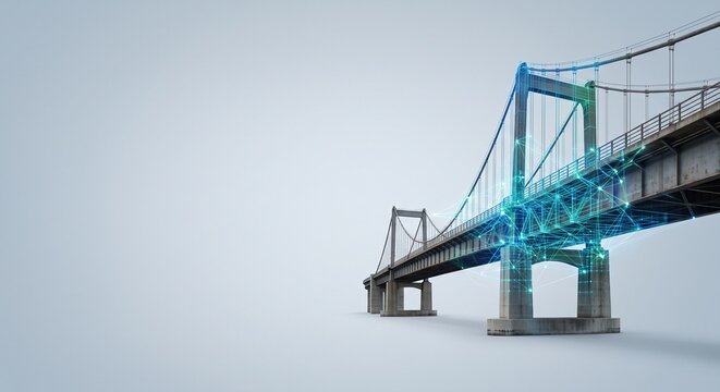 Digital twin bridge infrastructure with glowing wireframe network mesh and data visualization for smart city and civil engineering
