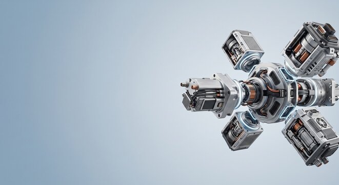 Futuristic mechanical module assembly with electric motor and propulsion component on clean background for marine engineering design
