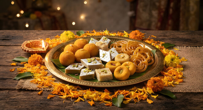 Traditional indian sweets platter with diya lamp and marigold flowers