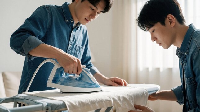 Young Asian man irons white shirt on ironing board in bright apartment. Male person performs domestic laundry chore at home. Friend helps hold fabric flat for easy work. Daily housework routine,