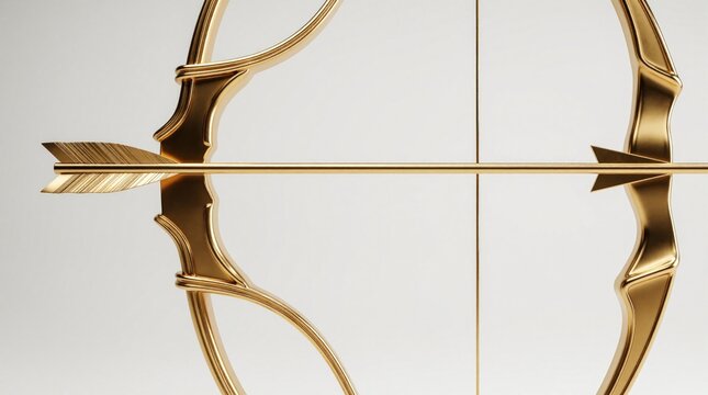 Golden bow with arrow ready to shoot. Elegant weapon on white background. Symbol of aim precision skill and success. Classic hunting and sport equipment. Luxury design.