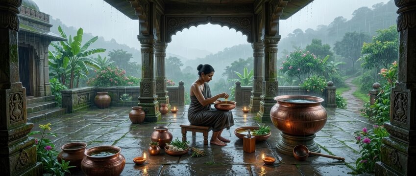 Traditional Indian woman performing morning herbal bath ritual on stone pavilion terrace during monsoon rain