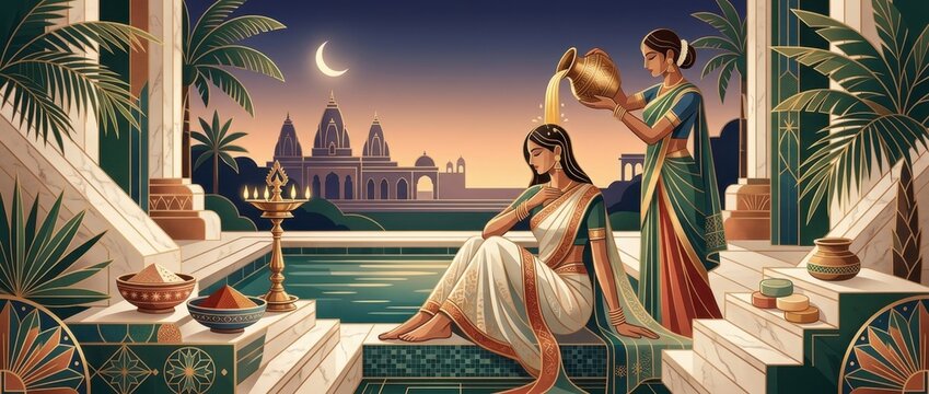 Two women performing a traditional morning ritual near a pool with glowing lamps and distant architecture