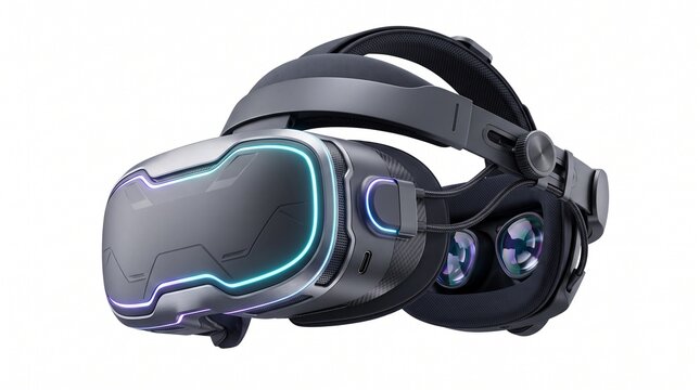 Futuristic virtual reality headset with glowing neon lights sleek modern design for immersive gaming metaverse exploration or advanced simulation technology