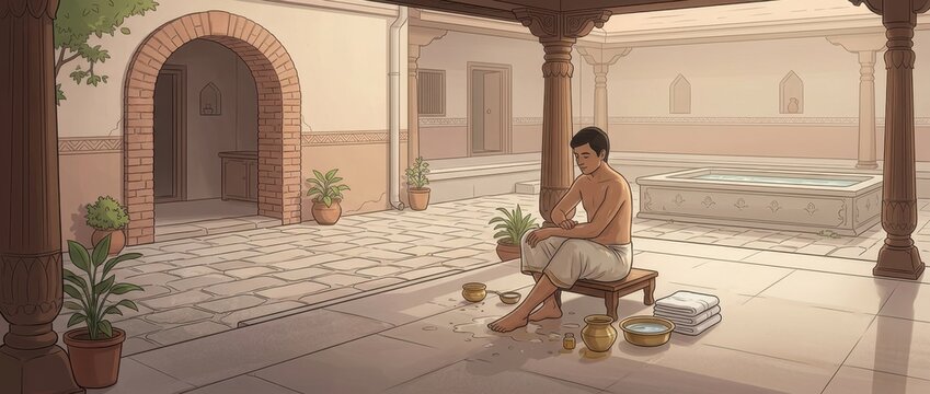 Traditional Morning Ritual and Self Care in a Historic Courtyard
