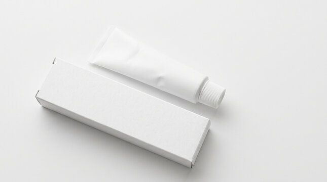 Blank white toothpaste tube and packaging box mockup isolated on light background.