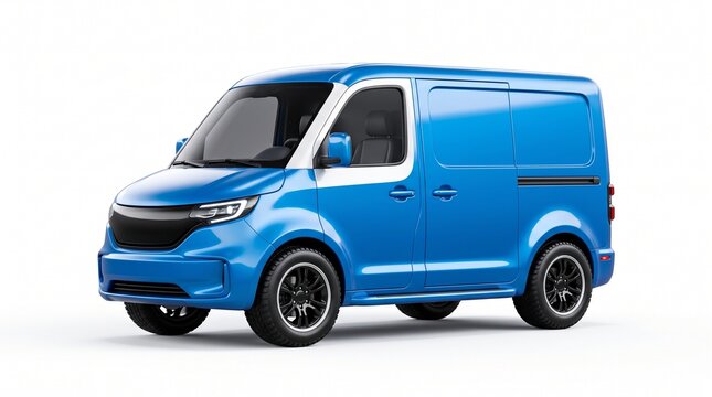 Modern blue electric delivery van designed for efficient urban logistics and sustainable last-mile transport isolated on a clean white background