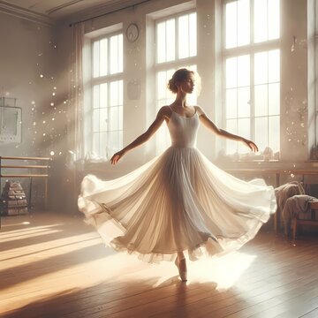 A meditation in motion scene of a dancer in a flowing white dress, captured mid-spin in a sunlit studio with dust motes floating around her, Ai generated image