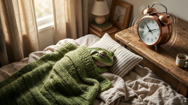 Sleepy Green Frog Resting in Bed Beside an Alarm Clock