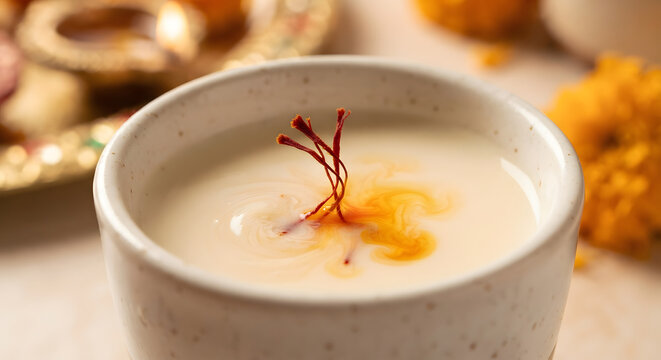 Closeup of a cup of warm saffron milk with saffron strands floating on top