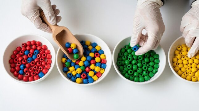 Gloves wearers sort colorful wooden beads into bowls. Hands scoop beads to teach counting color sorting and fine motor skills. Early learning activity for kids.