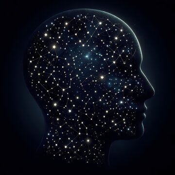 A neurological visualization of a persons profile filled with a star map, where each star represents a memory or thought, connected by fine silver lines, Ai generated image